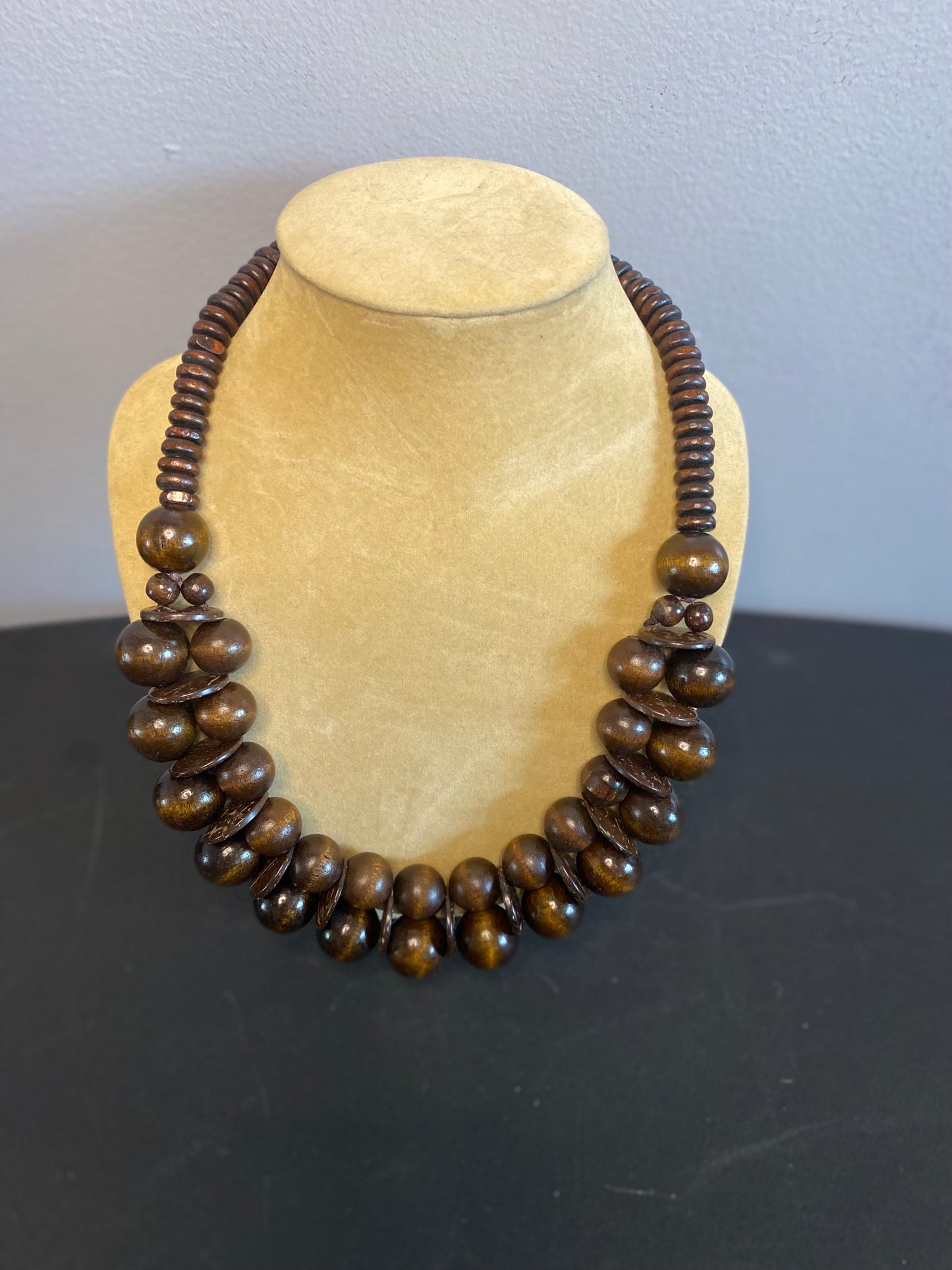 Large Beaded Brown Wood Necklace