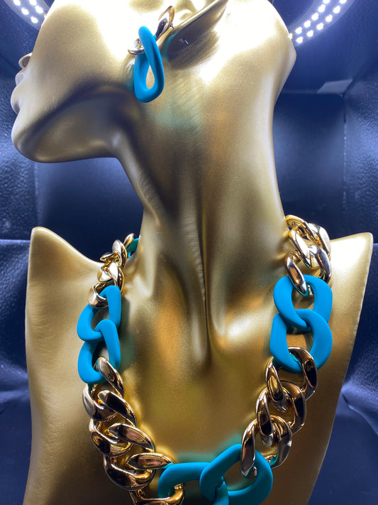 Teal and Gold Chain Necklace Set
